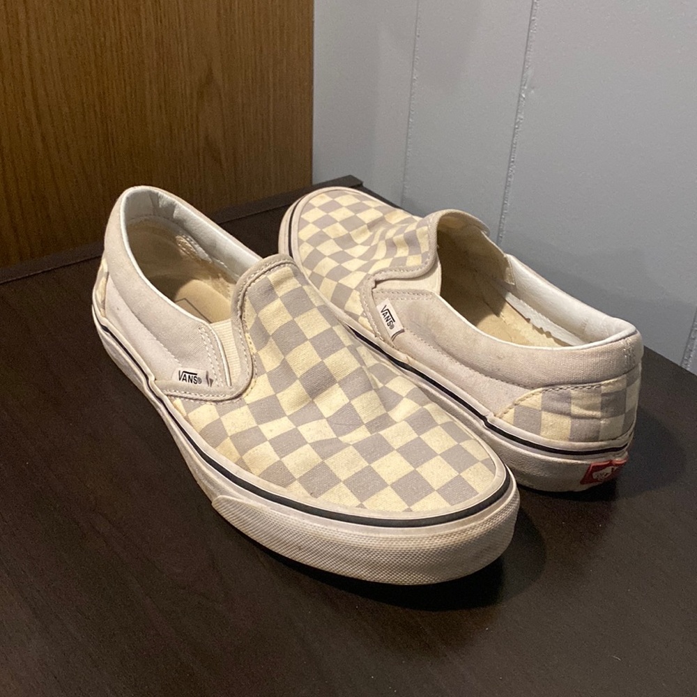 Gray checkered slip on vans